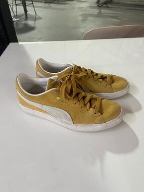 Puma Suede Low-Top Sneakers in Mustard Yellow and White